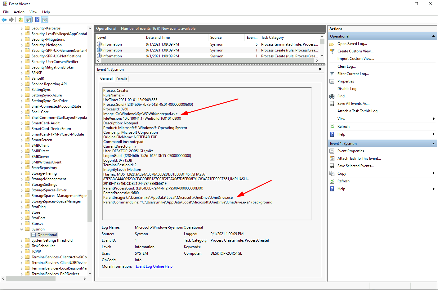 Sysmon event log ID 1 of spoofed process