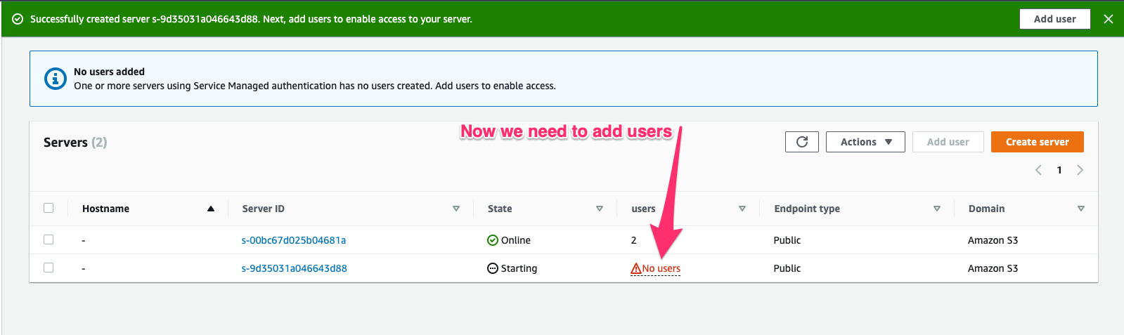 Creating the sftp server - Success!