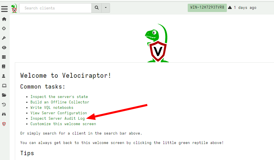 The server’s audit log is linked from the Welcome page