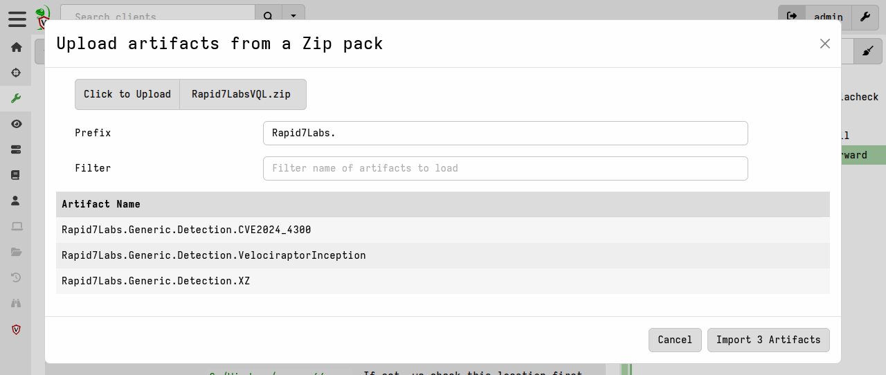 Importing an artifact pack