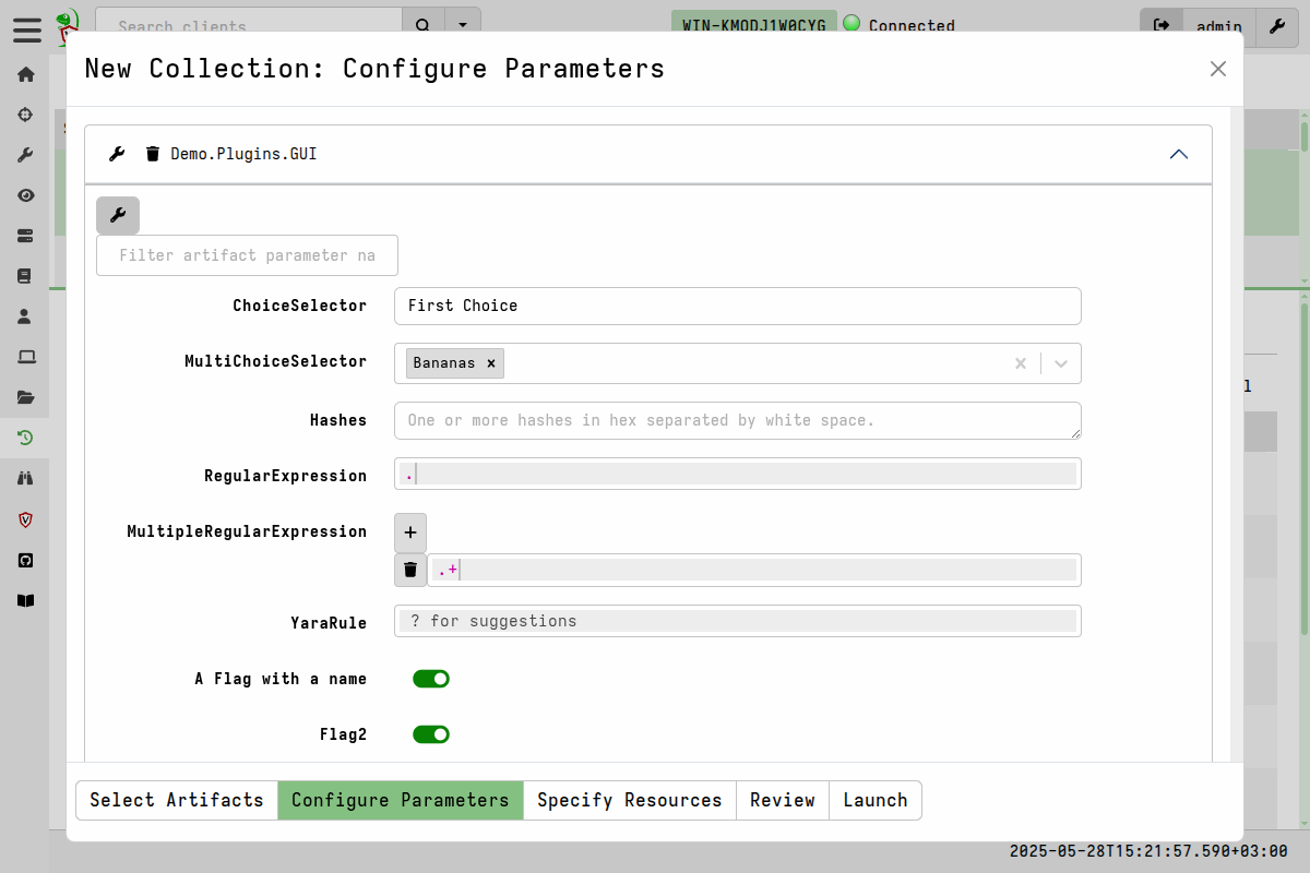 The Demo.Plugins.GUI artifact demonstrates parameter UI components