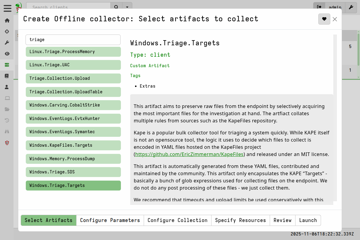 Offline Collector artifacts selection