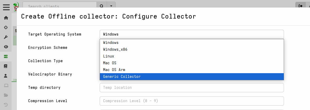 Selecting the Generic Collector option in the collector builder