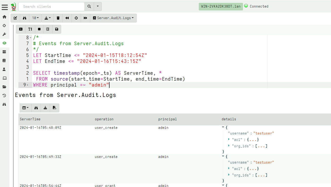 Querying audit logs within the Velociraptor GUI