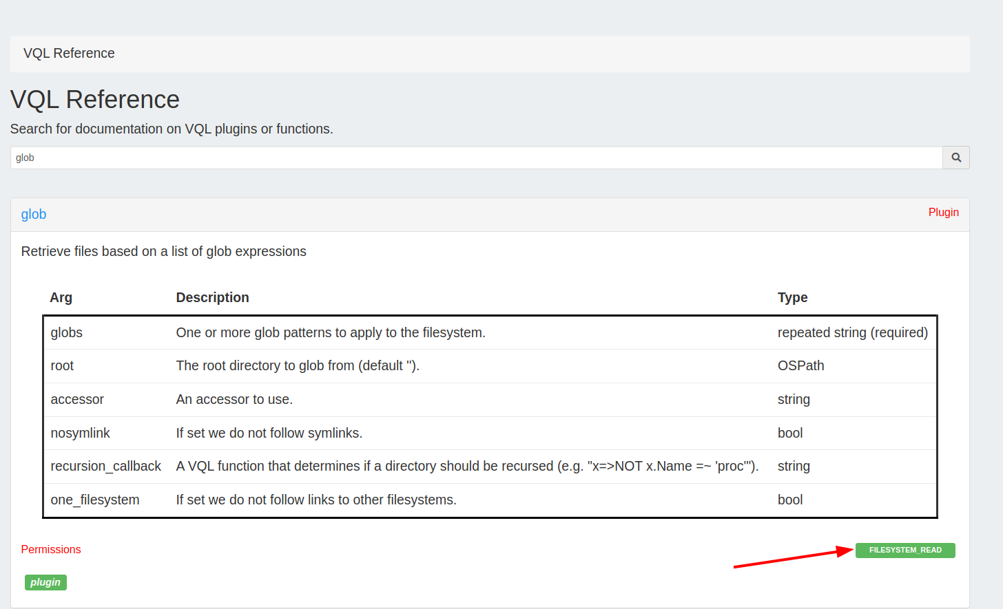 Example VQL reference showing required permissions