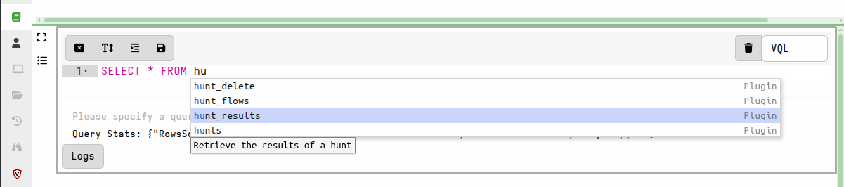 VQL auto-suggestions