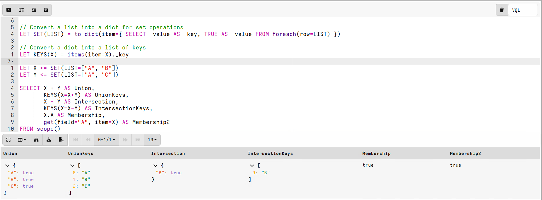 Set Operations in VQL