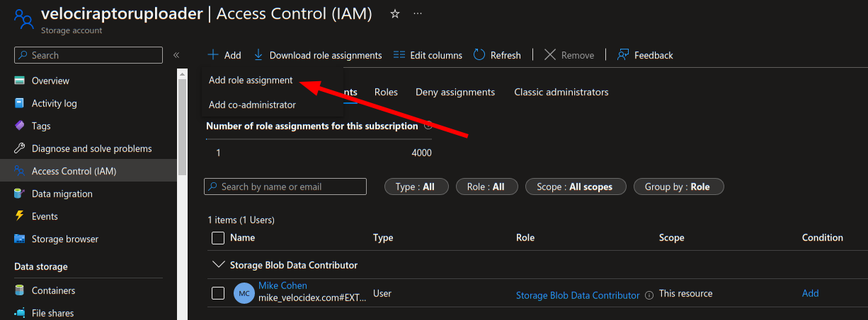Adding a role assignment to the storage account